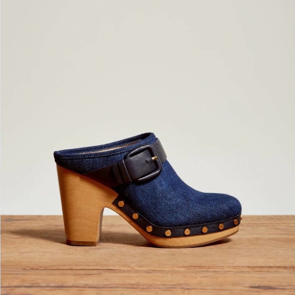 New Veronica Beard Dacey Denim Clog wooden heel clogs 6